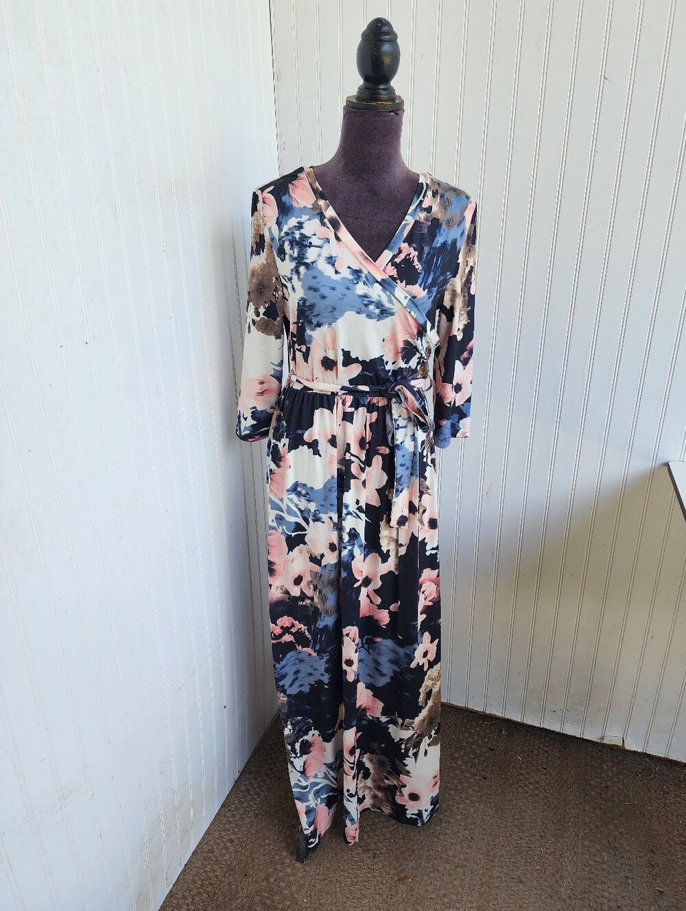 Zattcas Women's 3/4 Sleeve Floral Faux Wrap Maxi Dress w/ Belt Soft White Pink M - Picture 3 of 14